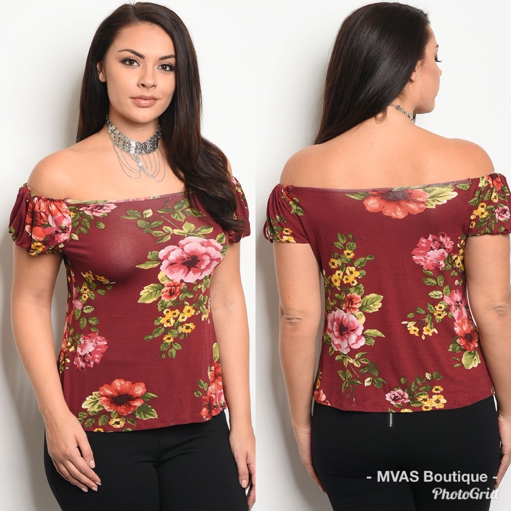Burgundy Floral Off The Shoulder Top